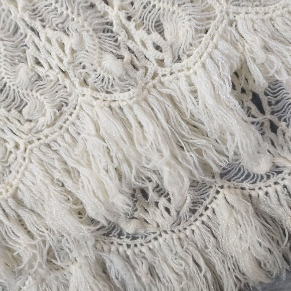 Boho Cream Crochet Fringe Scarf‎ Shawl Wrap Open Knit Festival Cottagecore - Picture 2 of 5
